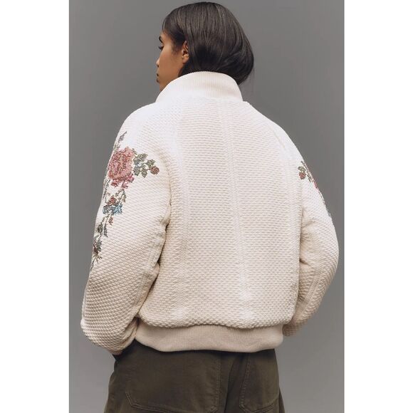 New By Anthropologie Embroidered Bomber Cardigan Sweater Size Xs